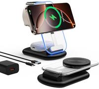 Mag-Safe Charger 3 in 1, Foldable Adjustable Magnetic Wireless Charger, Travel Mag Safe Charger Stand with Light for iPhone 17/16/15/14/13/12 Series, AirPods 3/2/Pro, Apple Watch