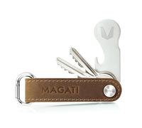 MAGATI Key Organiser - Key Case Made of Leather, Stainless Steel with Key Finding Service, Shopping Trolley Remover, Bottle Opener, Tread Depth Gauge, Dunkelbraun, 9cm x 2cm x 2cm, Key case