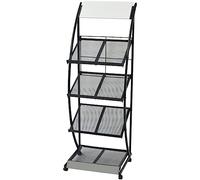 Magazine Rack with 4 Shelves, Steel Frame and MDF 47 x 40 x 134 cm, Black and White, with Wheels and Personalised Top Board, for Office, Living Room, Waiting Room and Bedroom