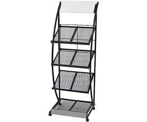 Magazine Rack with 4 Shelves, Steel Frame and MDF 47 x 40 x 134 cm, Black and White, with Wheels and Personalised Top Board, for Office, Living Room, Waiting Room and Bedroom