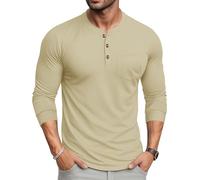 MAGCOMSEN Mens Tshirts Henley Long Sleeve Breathable Casual Shirts Lightweight Casual Cotton Top with Pocket Crew Neck,Khaki,3XL