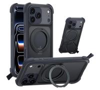 MAGEASY Designed for Phone 17 Pro Max Case with 360° Rotatable Stand - 20ft Ultimate Drop Protection, Compatible with MagSafe, Embedded Vegan Leather Frame | Odyssey Stand M (Leatherette Midnight)