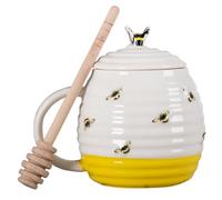 Mageeki Bee Honey Pot and Drizzler, Ceramic Honey Jar with Dipper - Porcelain Honey Storage Jar in Bee Hive Design with Lid for Home and Kitchen Use