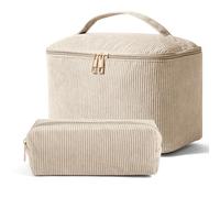 MAGEFY 2Pcs Makeup Bag Set (1 Large + 1 Small), Corduroy Travel Cosmetic Organizer with Handles, Toiletry Bags for Women