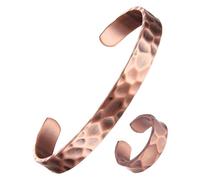 MagEnergy Pure Copper Bracelet Ring Set Men & Women - 100% Solid, Raw Uncoated, Handmade Hammered Tibetan Cuff (Hammer Pattern Design)