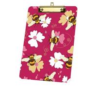 Magenta Bee and Flower Acrylic Clipboard with Gold Low Profile Clip A4 Clip Board Decor Office Stationery Gift Board for Teacher Nurses Woman Men Teens Birthdays Valentins Easter