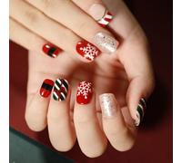 Maggidea Christmas False Nails - 24pcs Short Press On Acrylic Nails, Ballet Red With Green Strip - Stick On Fake Nails With Glue Sticker for Women and Girls Gift
