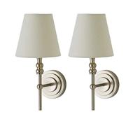 Maggie Pair of Candlestick Wall Lights with Linen Tapered Lamp Shades ValueLights Silver One Size