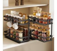Magheo 2 Pack Pull Out Spice Rack for Cupboard, Heavy Duty Spice Organiser Inside Cupboard, 2 Tier Sliding Spice Storage Rack for Kitchen Cabinet No Drilling, Also Fits Countertop & Pantry (Black)