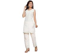 MAGHMA Indian Chikankari Cotton Kurtis for Women Summer Dress Tunic Top Trousers Set Pakistani Salwar Suit, Cream White, L