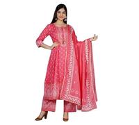 MAGHMA Rayon Anarkali Indian Kurti For Women Summer Dress Kurta Pant With Dupatta Set, Gajari, Medium