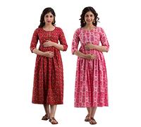 MAGHMA Women Maternity Cotton Printed Feeding A-Line Kurti Dress for Women (Po2-Gown-001), Red / Pink, 20