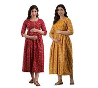 MAGHMA Women Maternity Cotton Printed Feeding A-Line Kurti Dress for Women (Po2-Gown-001), red/yellow, 14