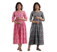 MAGHMA Women's Pure Cotton A-Line Printed Maxi Maternity Gown Dress | Feeding/Maternity Gown Kurti for Women | Combo Pack of 2, Pink and Grey, XL