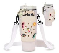 Magibag Water Bottle Carrier Bag with Silicone Phone Pocket & 5 Charms for Stanley Cup 40 oz, Neoprene Water Bottle Holder Tumbler Pouch with Adjustable Strap (Off White)