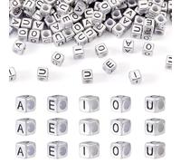 Magibeads 200 pcs Vowel Letter Acrylic Beads 6 mm Cube Initial Alphabet A E I O U Beads Friendship Bracelet Letter Beads for DIY Halloween Jewelry Keychain Name Bracelets Making (Antique Silver)