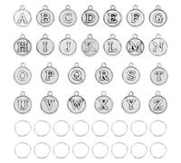 Magibeads 26Pcs Alloy Letter Charm Retro Line Style Flat Round Pendants with 304 Stainless Steel Split Rings Capital Letter Alphabet for DIY Necklace Bracelet Earring Keychains Crafts Jewelry Making