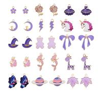 Magibeads 30Pcs Assorted Purple Enamel Charms 15 Styles Alloy Flower Lightning Moon Bear Mermaid Planet Bowknot Kandi Charms for DIY Bracelets Necklace Keychain Crafts Jewelry Making Supplies