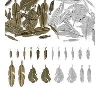 Magibeads 40 pcs Feather Charms Tibetan Feather Pendants Antique Bronze Silver Feathers Metal Dangle Charms for Women Earring Bracelet Necklace DIY Jewelry Making