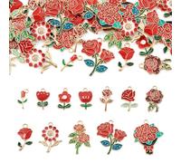 Magibeads 48Pcs 12 Styles Rose Flower Charms Assorted Small Flower Bouquet Pendants Red Enamel Charm Gold Metal Dangle Charms for Crafts Necklace Bracelet Earrings Jewelry Making Finding