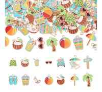 Magibeads 56Pcs Enamel Summer Beach Charms 14 Styles Alloy Coconut Volleyball Umbrella Drink Flip Flops Earring Charms Kandi Pendants for DIY Bracelets Necklace Keychain Crafts Jewelry Making Supplies
