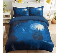 Magic Adventure Reversible Duvet Cover Set Swirl Moon Pirate Ship 200 x 200 cm Super Soft Microfiber Bedding Set for Boys & Girls, Hypoallergenic Quilt Cover