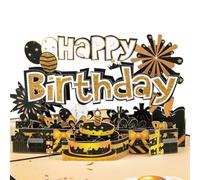 Magic Ants Elegant Black and Gold 3D Pop-Up Birthday Card - Birthday Greeting Card with Chocolate Cake, Balloons, and Gifts, Birthday Celebration Card for Men, Women, and Special Celebrations