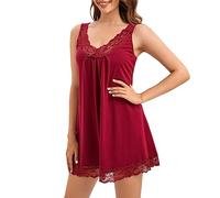 MAGIC ARMOR Women's Sleepwear Lace V-Neck Short Sleeve Women's Nightgowns Night Dress Underdresses, wine red, S