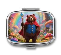 Magic Bear Pill Box - 2 Compartment Travel Pill Organizer with Small Mirror, Portable Pillcase for Pocket & Purse, Cute Square Medicine Case, Weekly Medicine Container