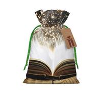 magic book Printed Christmas Drawstring Bags for Party Xmas Gift Wrapping, Green Christmas Ribbon, M