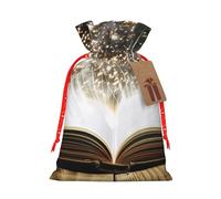 magic book Printed Christmas Drawstring Bags for Party Xmas Gift Wrapping, Red Christmas Ribbon, M