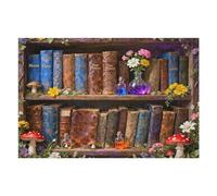 Magic Bookshelf 1000 Piece Puzzle for Adults, Vintage Book and Wildflower Pages Artwork, Plant, Floral and Mushroom Retro Puzzle, Challenging Hard Jigsaw, Gift for Book Lovers, 30x20 in