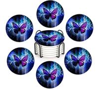 Magic Butterfly Coasters Set of 6,Absorbent Ceramic Coasters with Cork Base,Round Coaster Mats for Cold Drinks & Mugs, Rustic Home Decor + Holder