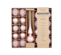 MAGIC by Inge - 19 Piece Lovely Magnolia Christmas Baubles Set, Glass, 5 & 6 cm Baubles, 28 cm Topper, Pink, Christmas