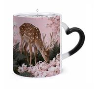 Magic Coffee Mug Cups Personalized Deer Among Pink Cherry Blossoms Color Changing Mug Heat Sensitive Heat Changing Coffee Mugs with Handle 11 Oz Mugs Funny Ceramic Cup for Tea/Latte/Milk/Cocoa