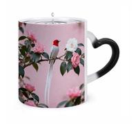 Magic Coffee Mug Cups Personalized Paradise Flycatcher on Camellia Color Changing Mug Heat Sensitive Heat Changing Coffee Mugs with Handle 11 Oz Mugs Funny Ceramic Cup for Tea/Latte/Milk/Cocoa