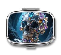 Magic Crystal Metal Skull Pill Box Travel 2 Compartment Weekly Pill Organizer with One Day Mirror, Medicine Organizer for Purse