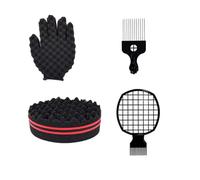 Magic Curl Sponge Set for Barber Styling - Afro Twist Brush, Metal Pick & Combs (Black), Durable for Textured Hair - Ideal for Defined Curls Waves, Salon Quality