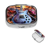 Magic Electric Guitar Music Pill Box 2 Compartment Square Portable Pill Case for Pocket or Purse Small Weekly Medicine Planner Travel Pillbox with Mirror Decorative Metal Vitamin Holder Gifts