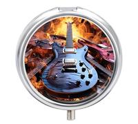 Magic Electric Guitar Music Pill Box 3 Compartment Waterproof Pill Container with Mirror Metal Medicine Box Organizer Portable Vitamin Case for Pocket & Purse Travel - Round