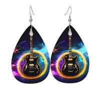 Magic Electric Guitar Music Print Leaf Shape Drop Earrings Heart-Shaped PU Leather Earrings For Valentine Day