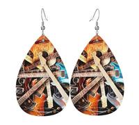 Magic Electric Guitar Music Teardrop Leather Earrings Ladies Print Pendant With Hook Fashion Vintage Party Daily Wear