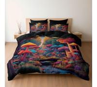 Magic Exotic Mushroom Forest Printed Duvet Cover, Reversible Black Quilt Cover Bedding Double Bed Set, Cosy Soft Hypoallergenic Non-Iron Comforter Covers with Pillowcases