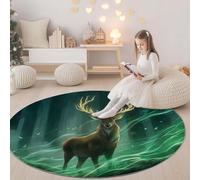Magic Forest Deer Lines Round Area Rug - 120 cm, Green Machine Washable, Non-Slip, Short Pile Round Carpet Easy Care - Perfect for Living Room, Bedroom and Dining Room Décor