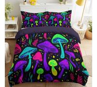 Magic Forest King Duvet Cover Set, Neon Glowing Mushrooms Plants Bedding Set, Soft Zipper Quilt Cover 230 x 220 cm and Pillowcase 50 x 75 cm for Adults Kids Bedroom, Black