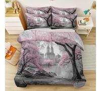 Magic Forest Park Castle Print Duvet Cover for Kids Adults, Hypoallergenic Pink Plants Cherry Blossom Trees Microfiber Reversible Bedding Set with Zipper, 260 x 220 cm Quilt Cover with 2 Pillowcases