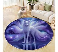 Magic Fox Round Rugs, Washable Non-Slip Rug Blue Round Area Rugs, Diameter 160 Cm Fantasy Animals, For Living Room Bedroom Hallway Study Coffee Table Bedside Rug
