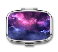 Magic Galaxy Purple Pill Case for Travel, Rectangle Metal Pill Organizer with 2 Compartments, Portable Daily Medicine Box for Purse, Wallet