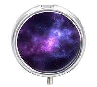 Magic Galaxy Sky Purple Pill Box Small Round Pill Case Portable Travel Pill Container Multi-Functional Moisture Proof Metal Medicine Pill Organizer Box for Vitamins Fish Oil