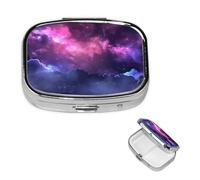 Magic Galaxy Sky Purple Pill Case with Mirror Retro 2 Compartment Pill Box Small Pill Organizer for Purse or Pocket Decorative Metal Medicine Vitamin Organizer Unique Gifts